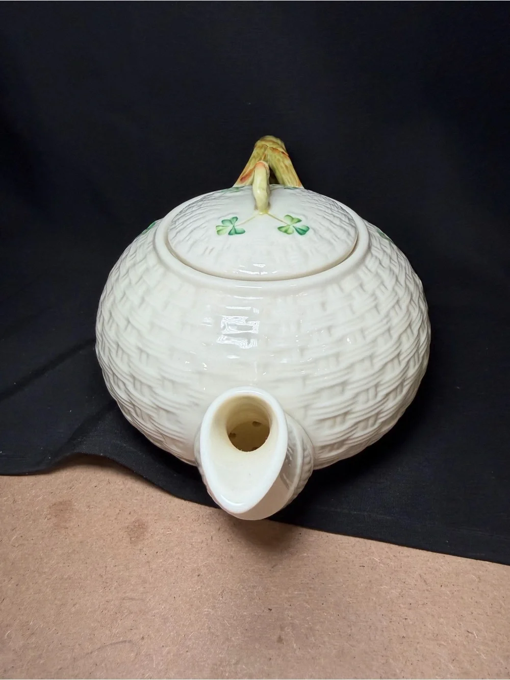 Vintage Belleek Shamrock Basketweave Teapot Gold 7th Mark
